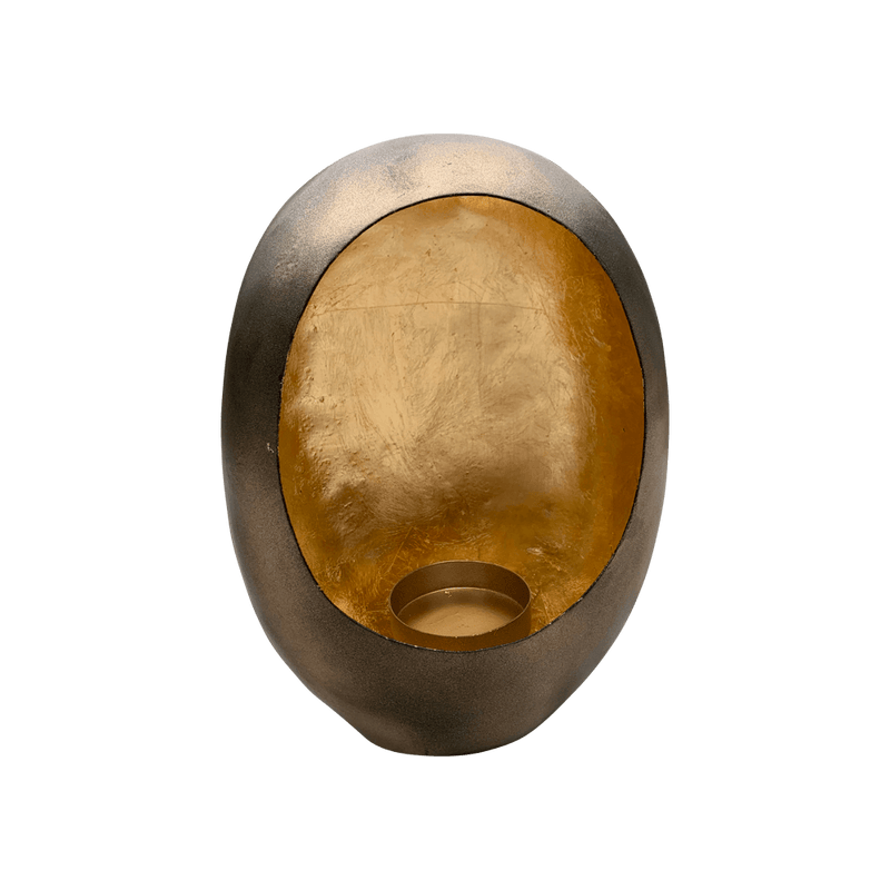 Gouden kandelaar in de vorm van een ei. Voorzien van houder voor kaars. Maat: S