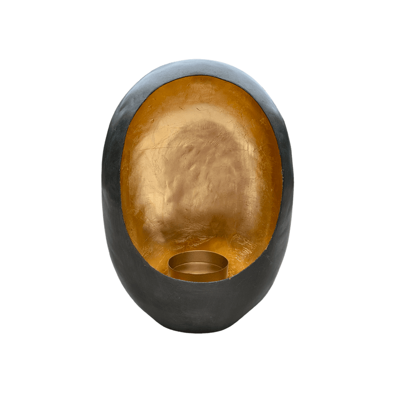 Goud / zwarte kandelaar in de vorm van een ei. Voorzien van houder voor kaars. Maat: S