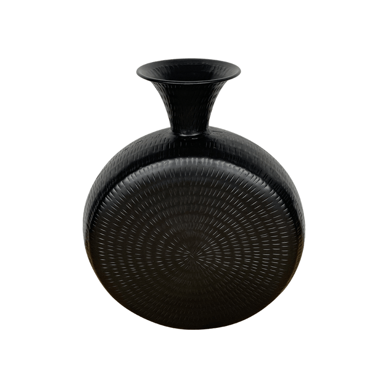 Zwarte vaas rond met motief en smalle hals 