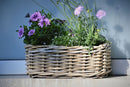 Rechthoekige rotan plantenbak van Jan Kurtz  met paarse bloemetjes
