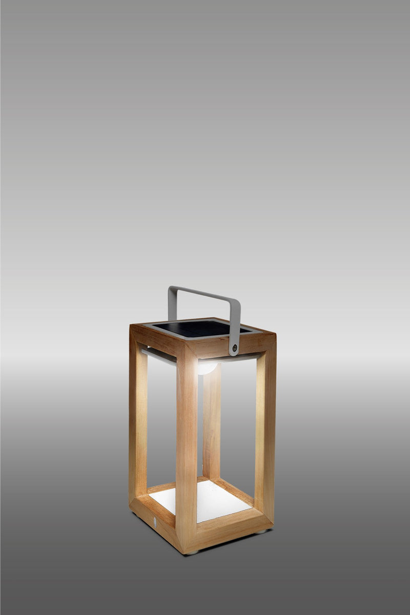 Buitenlamp op zonne energie van teak en wit aluminium